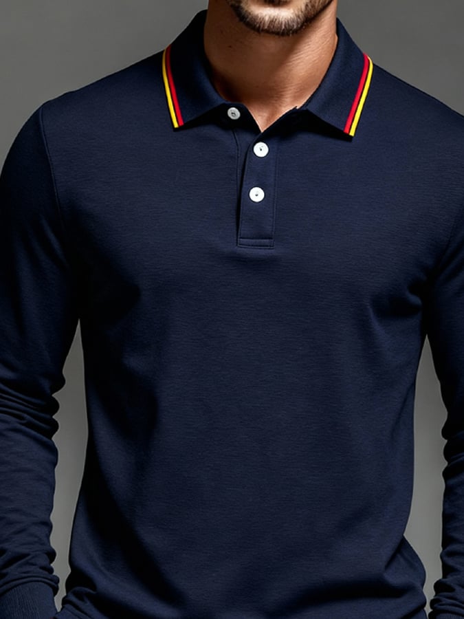 Camisa polo Basic casual Color-Block de manga larga para hombre