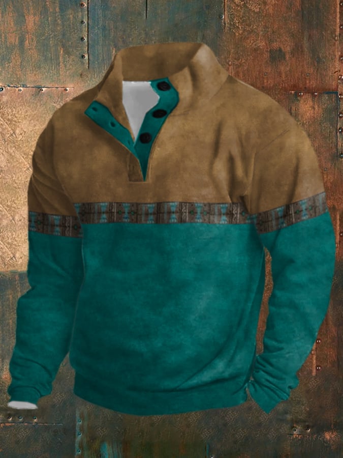 Sudadera retro Western en bloques de color estampado de manga larga para hombre