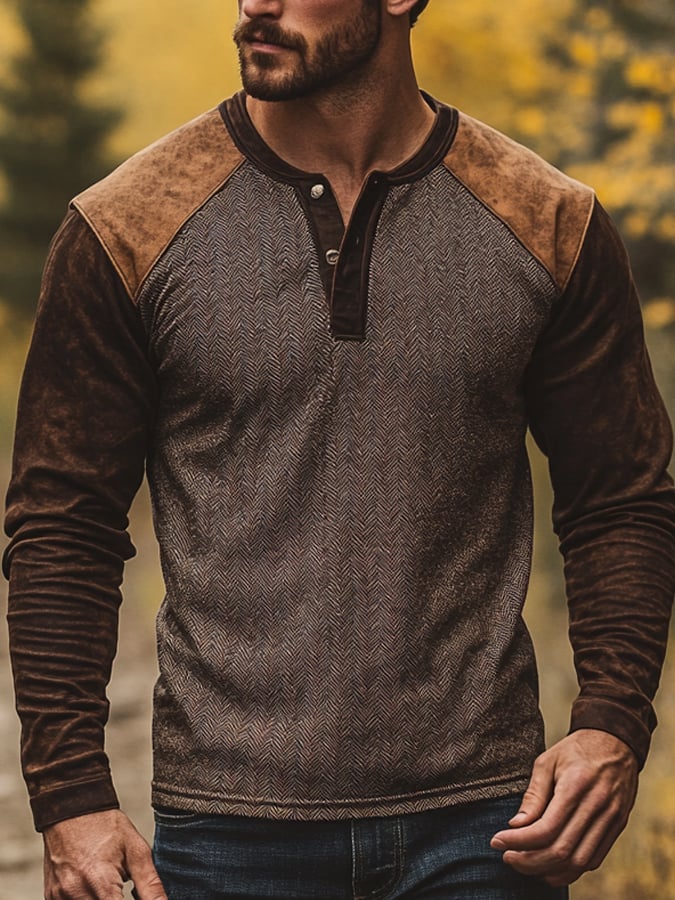 Camisa casual retro casual Colorblock de manga larga Henley para hombre