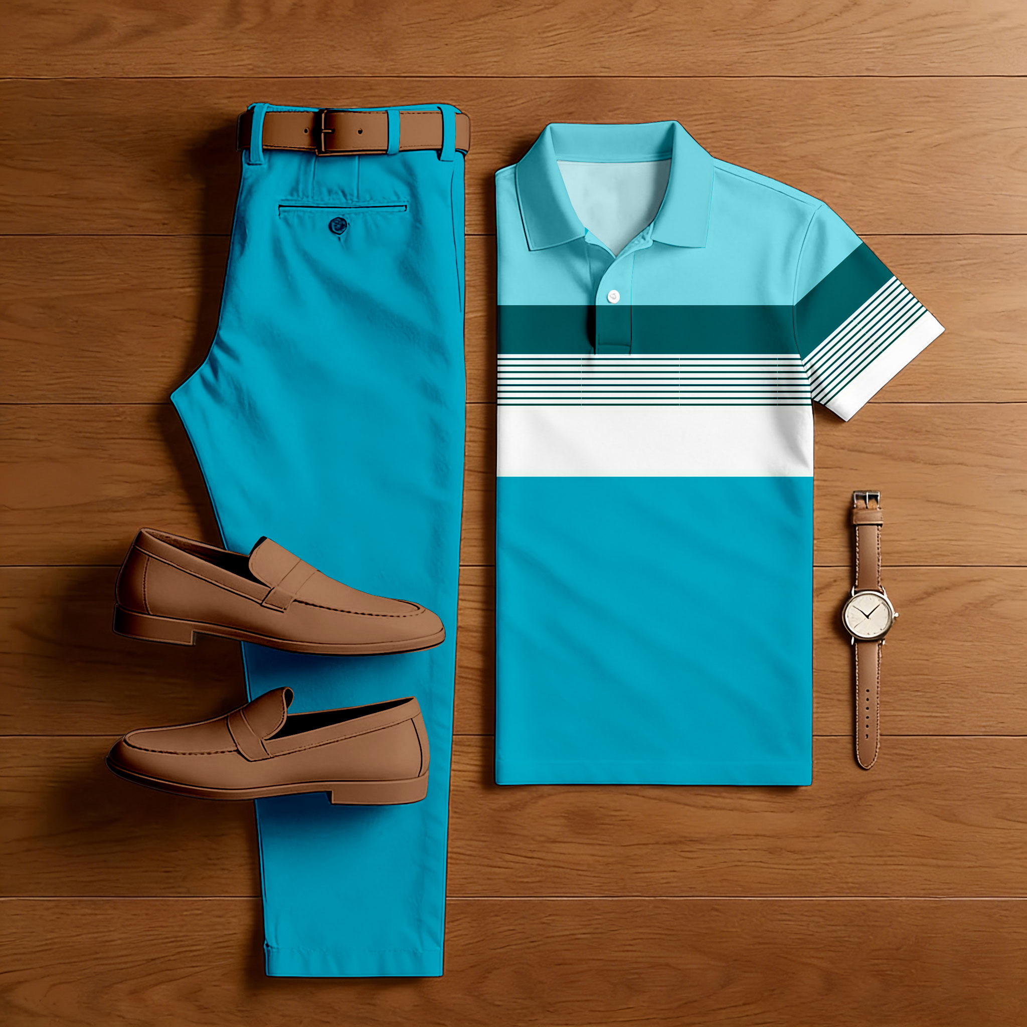 Conjunto de dos piezas casual Blue & White Color Matching a rayas estampado de manga corta camisa polo & Trousers para hombre