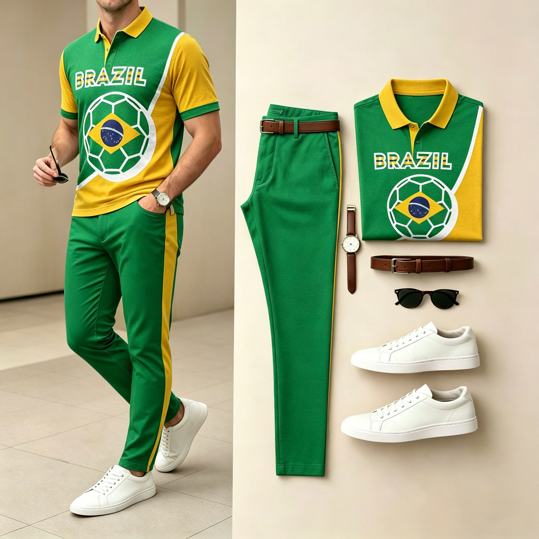 Conjunto de dos piezas casual Dark Green Football Sporty estampado camisa polo And pantalón para hombre