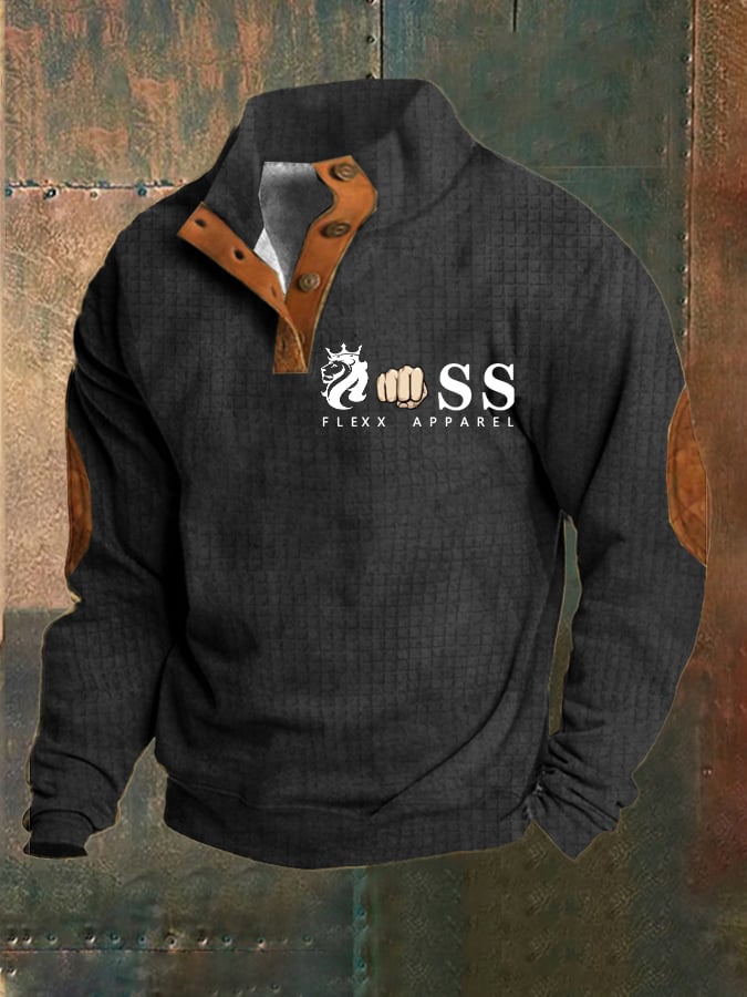 Sudadera vintage Lettering estampado Stand cuello Check Button para hombre