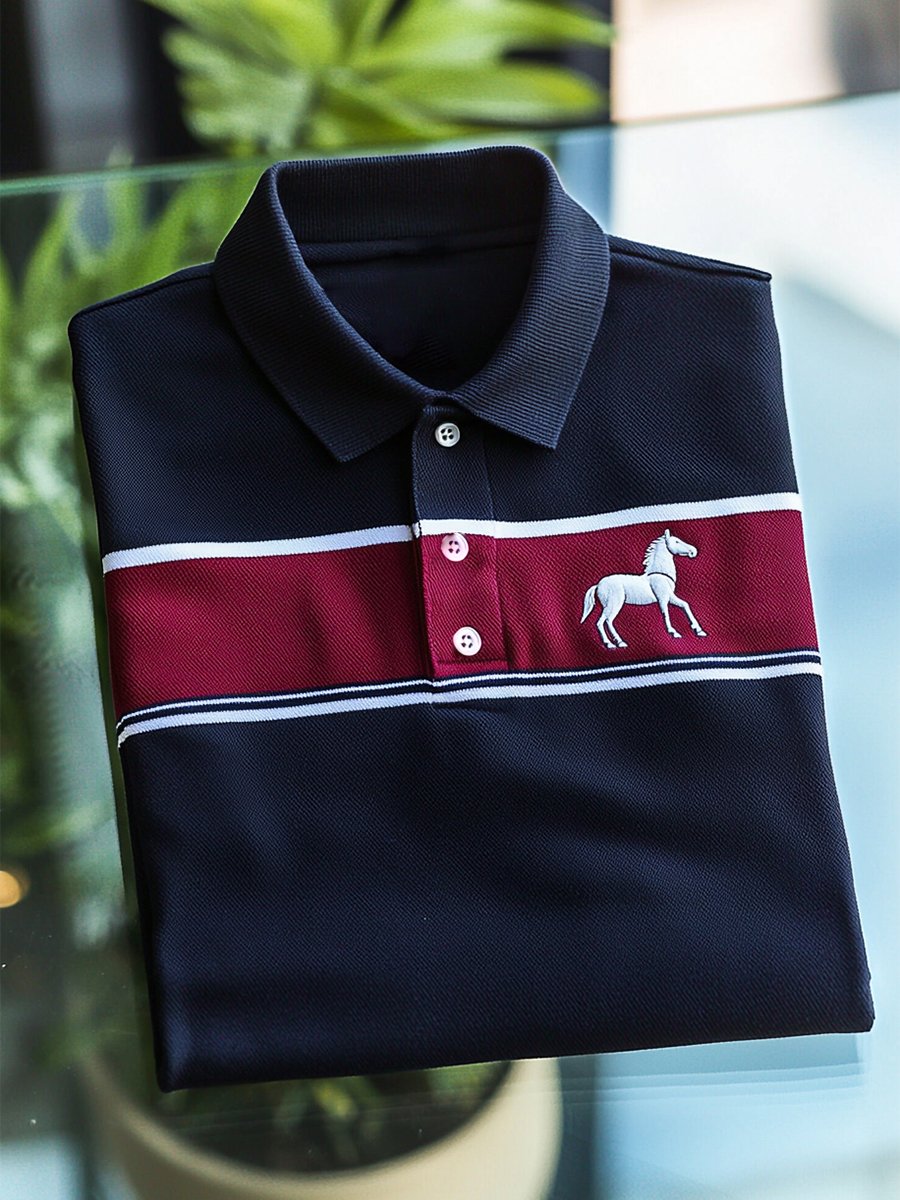 Camisa polo ejecutivo rayas Logo con botones de manga corta para hombre