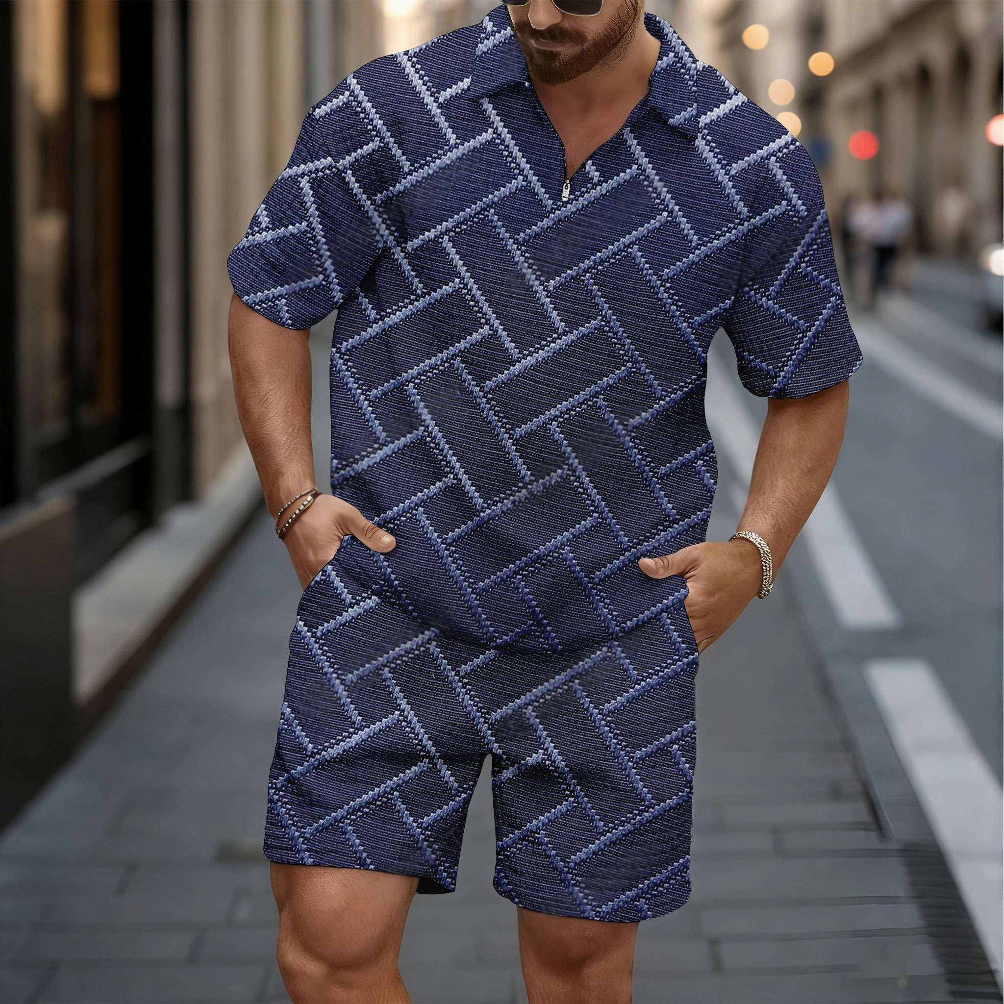 Conjunto de dos piezas casual Dark Purple Checkered Pattern de manga corta camisa And shorts para hombre