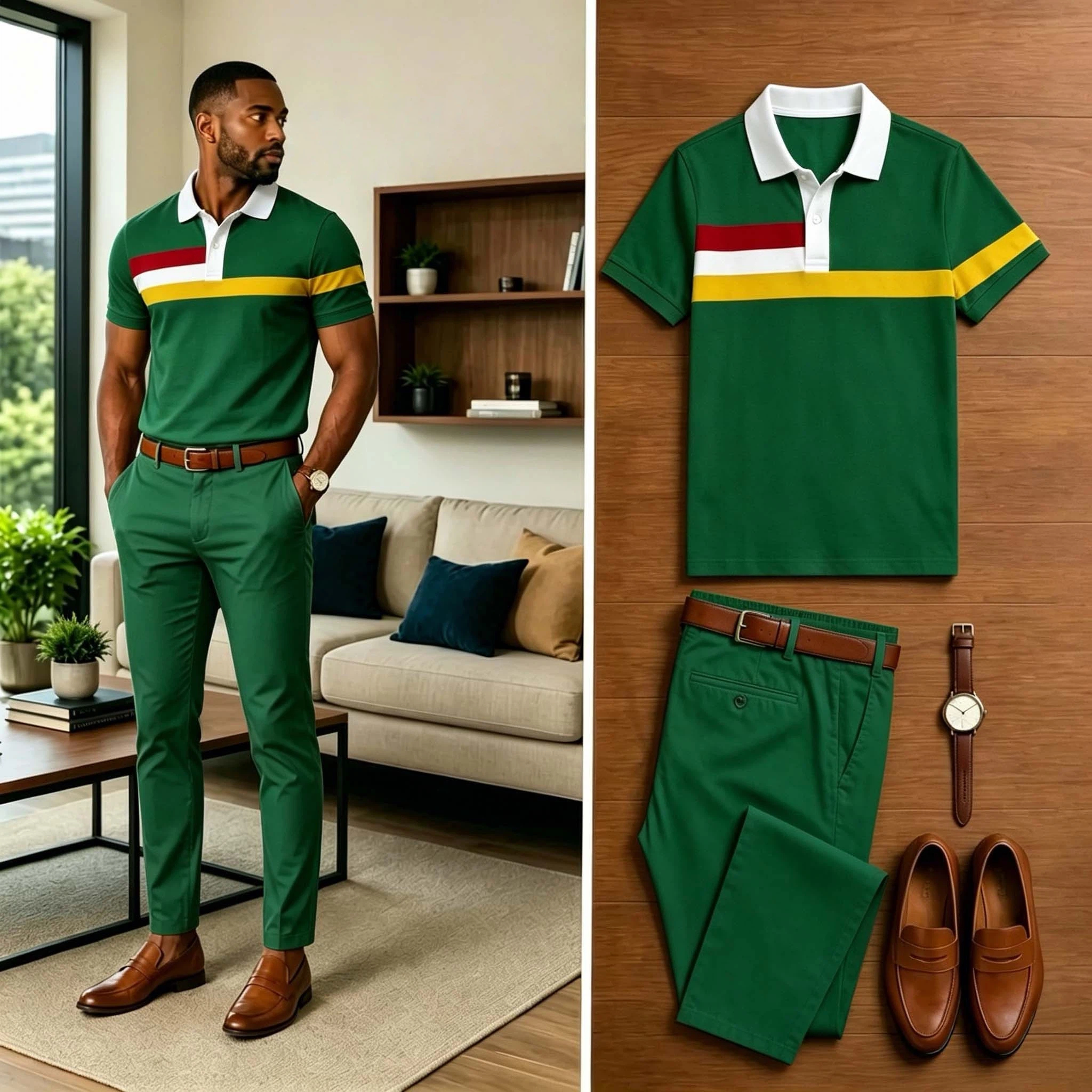 Conjunto de dos piezas casual Color rayas Contrasting estampado camisa polo And pantalón para hombre