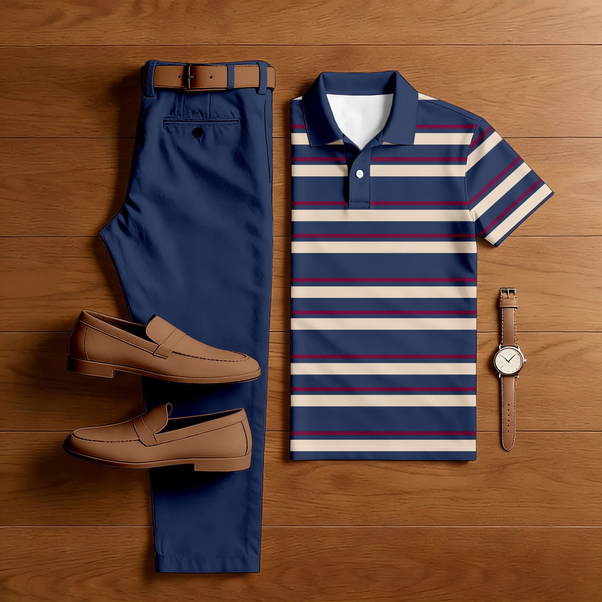 Conjunto de dos piezas casual Navy Blue rayas estampado camisa polo And Trousers para hombre