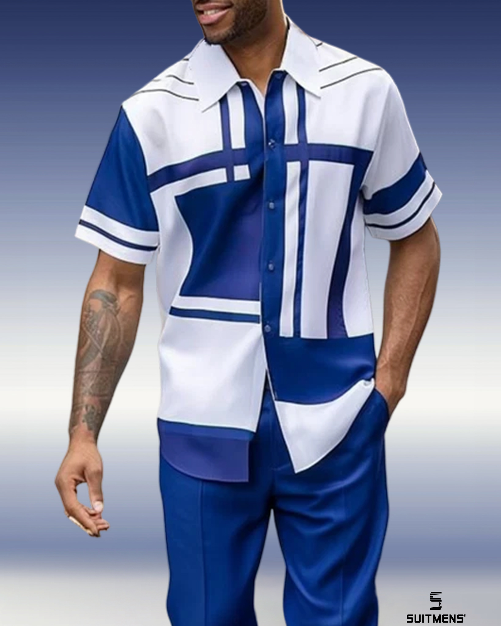 Geometric de manga corta Trousers Two-piece Walking Suit para hombre