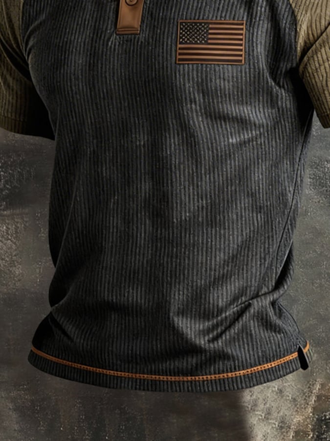 Camiseta retro Ribbed Color-Block "Patriot" Polo-Collar casual para hombre