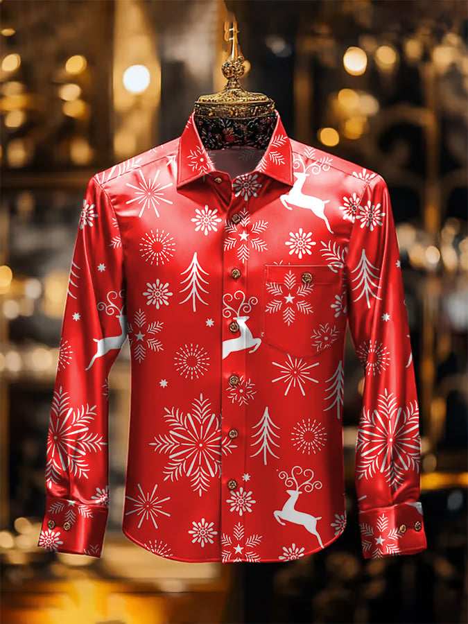De lujo Christmas Contrast estampado de manga larga Pockecamiseta para hombre