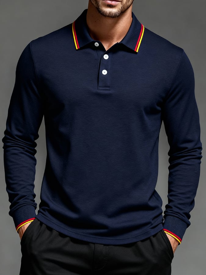 Camisa polo Basic casual Color-Block de manga larga para hombre
