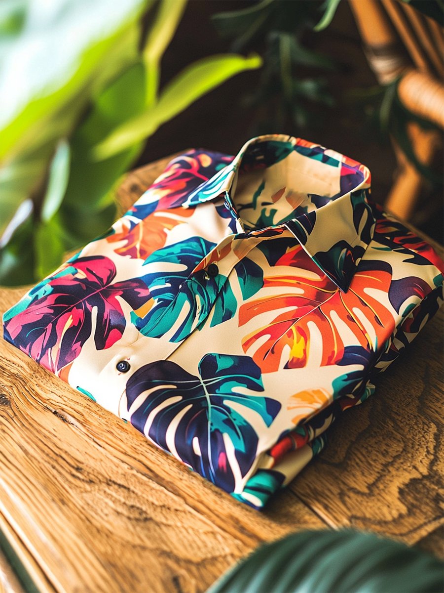Camisa satén Luxe hawaiano estampado de manga corta Button para hombre