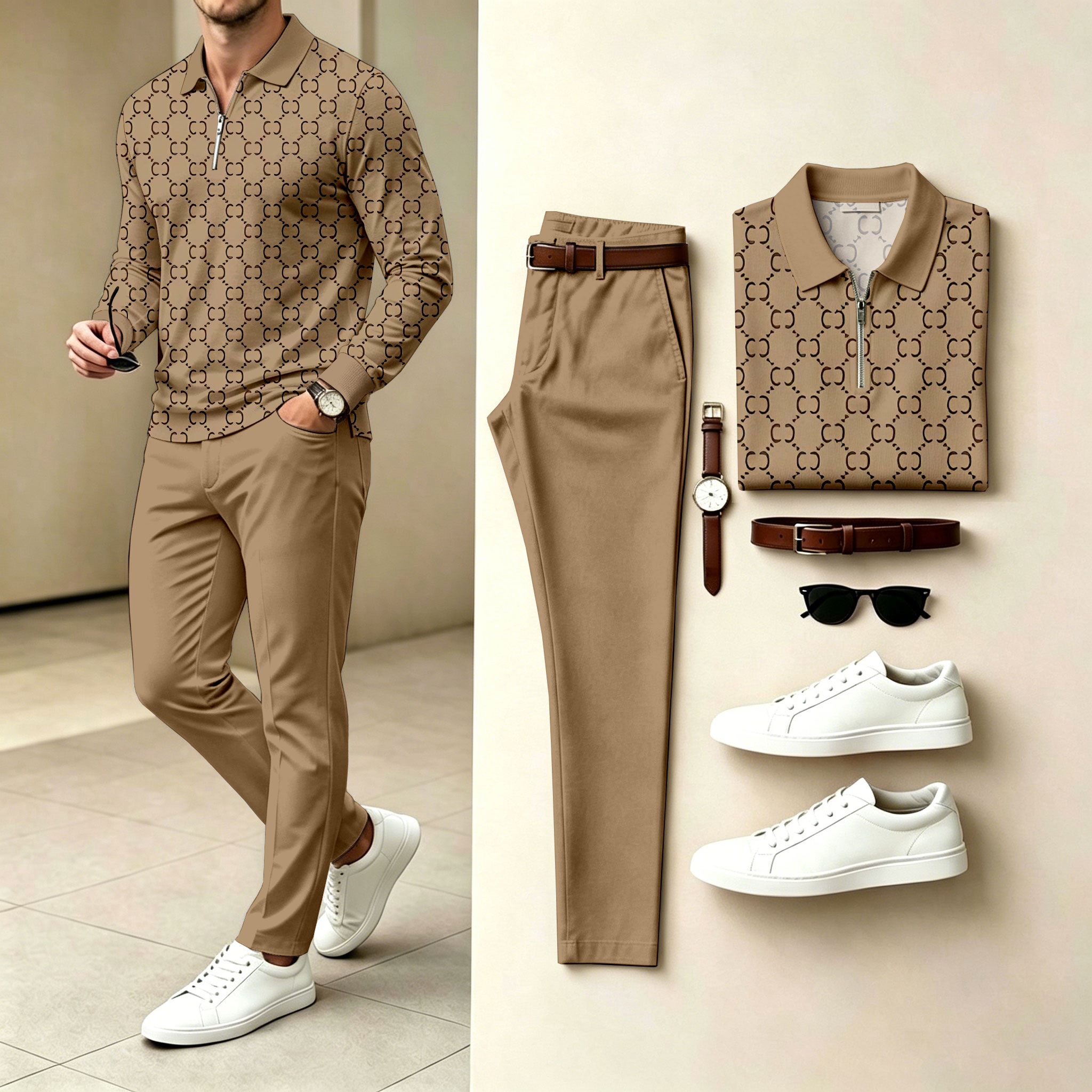 Conjunto de dos piezas Khaki Polo-Collar Zipper de manga larga camisa and pantalón para hombre
