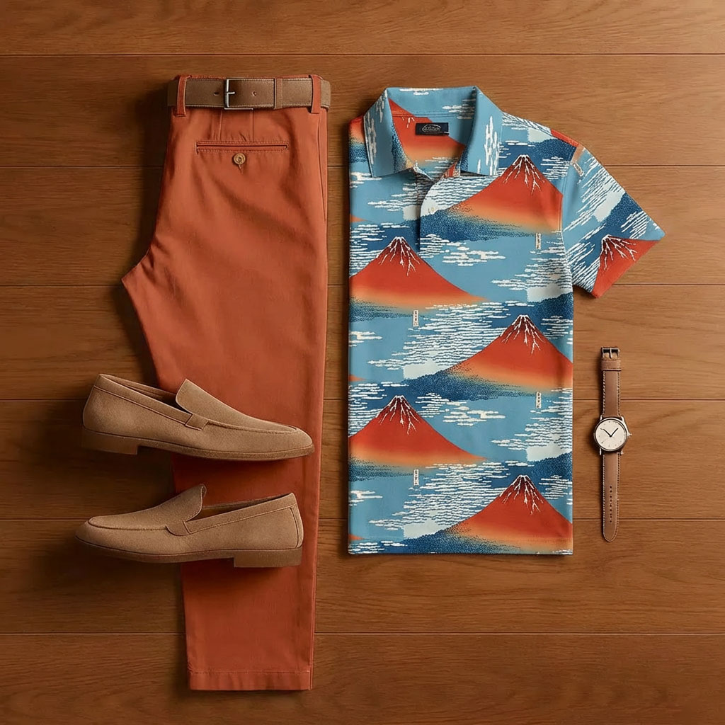 Conjunto de dos piezas casual Light Blue Geometric estampado de manga corta camisa And Trousers para hombre
