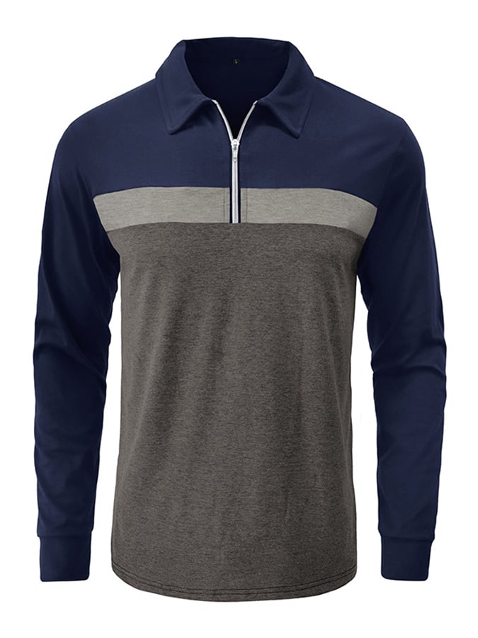Camisa polo Colorblock cierre de manga larga para hombre