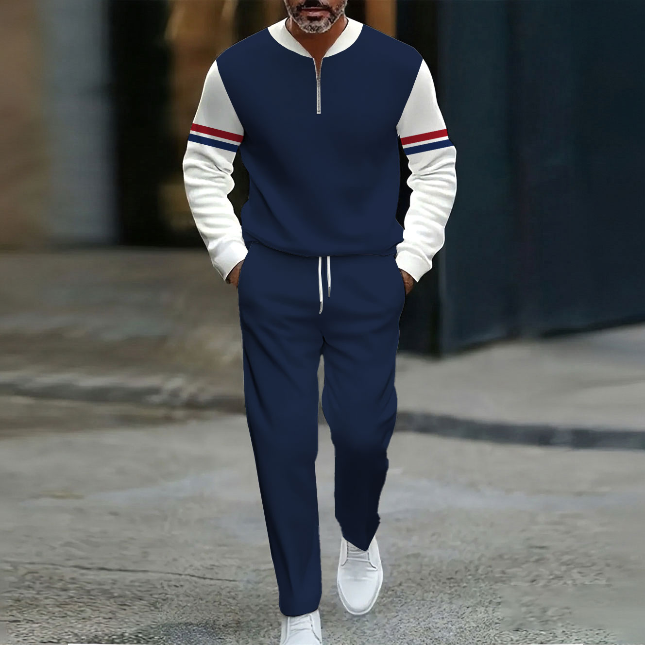 Conjunto de dos piezas casual Navy & White Color Matching Round Neck Zipper de manga larga sudadera & pantalón para hombre