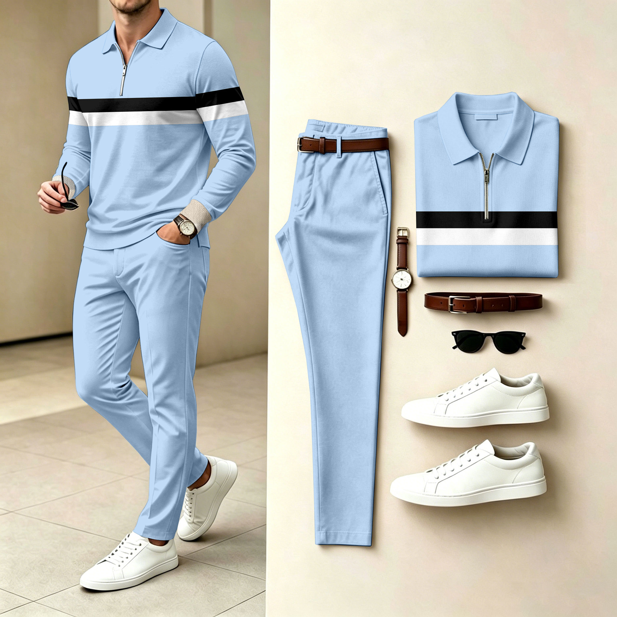 Conjunto de dos piezas a rayas Polo-Collar Zipper de manga larga camisa and pantalón para hombre