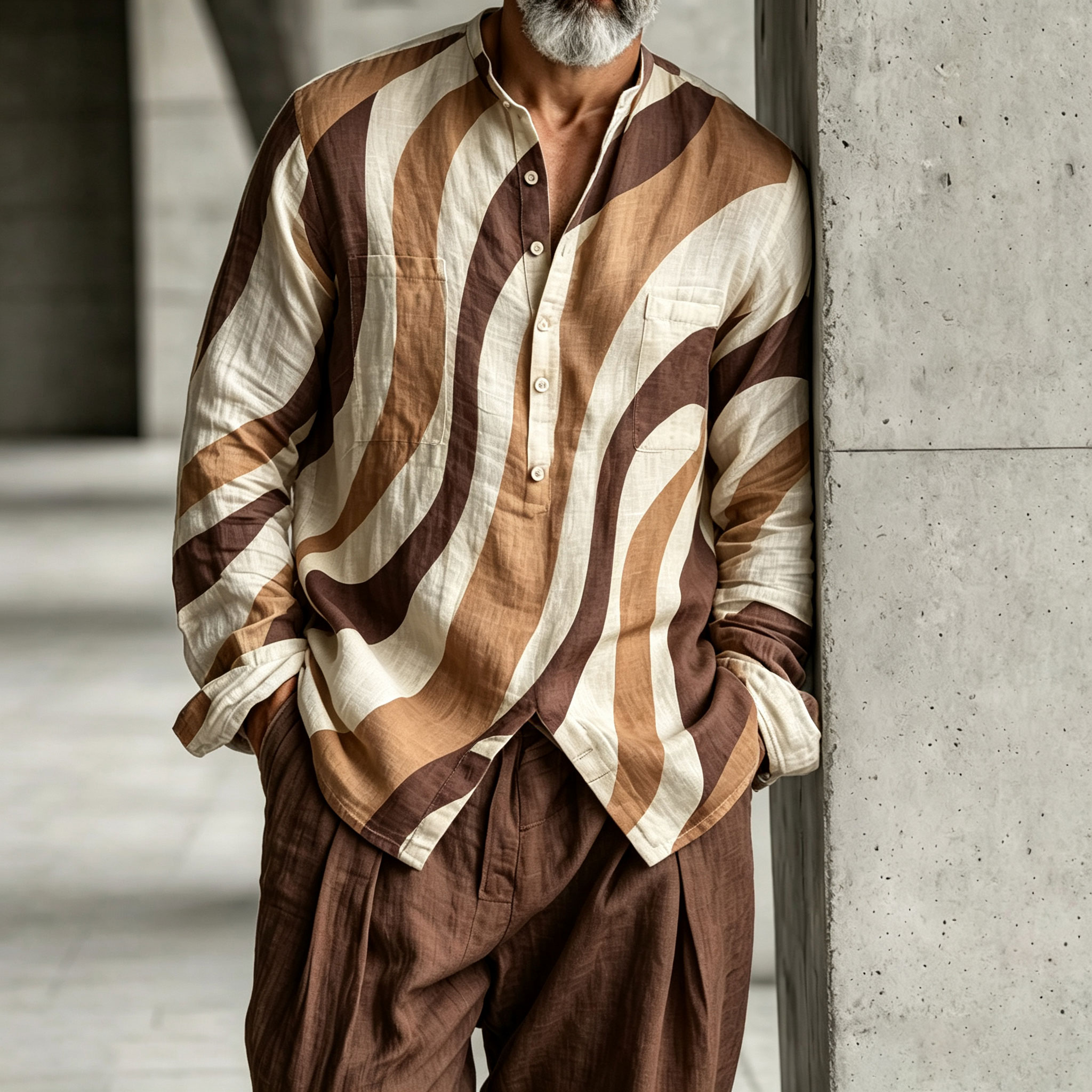 para hombre Color-Blocked Stand-Collar Half-Open Henley camisa and pantalón