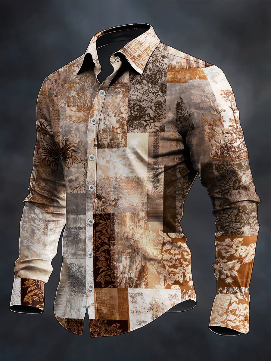 Camisa retro casual geométrico Art de manga larga para hombre