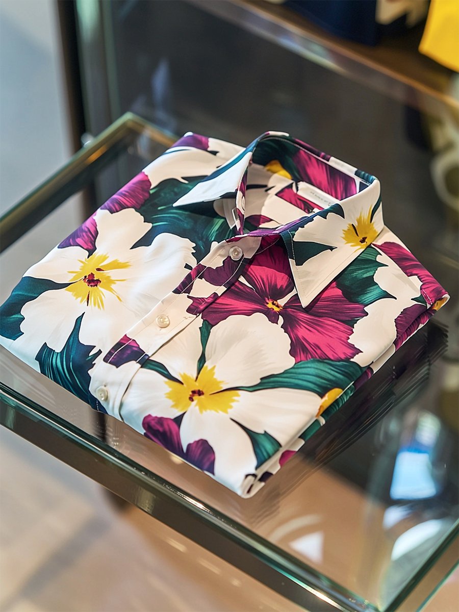 Camisa satén Luxe hawaiano estampado de manga corta Button para hombre