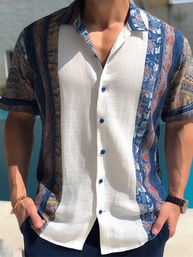 Floral Tribal estampado de manga corta Lapel Resorcamiseta