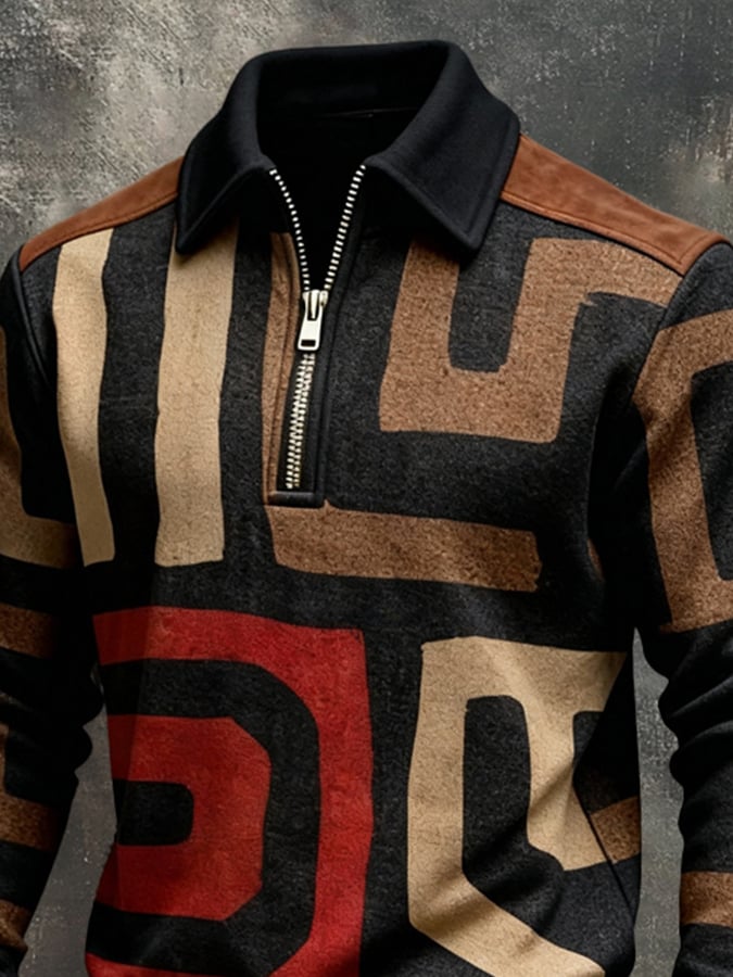Sudadera vintage Color-Block estampado con cierre para hombre