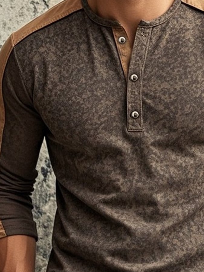 Camisa casual retro casual Colorblock de manga larga Henley para hombre