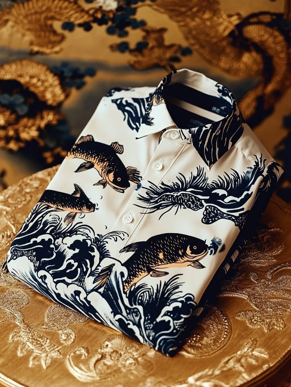 Camisa de lujo clásico Ukiyo-e de manga larga para hombre