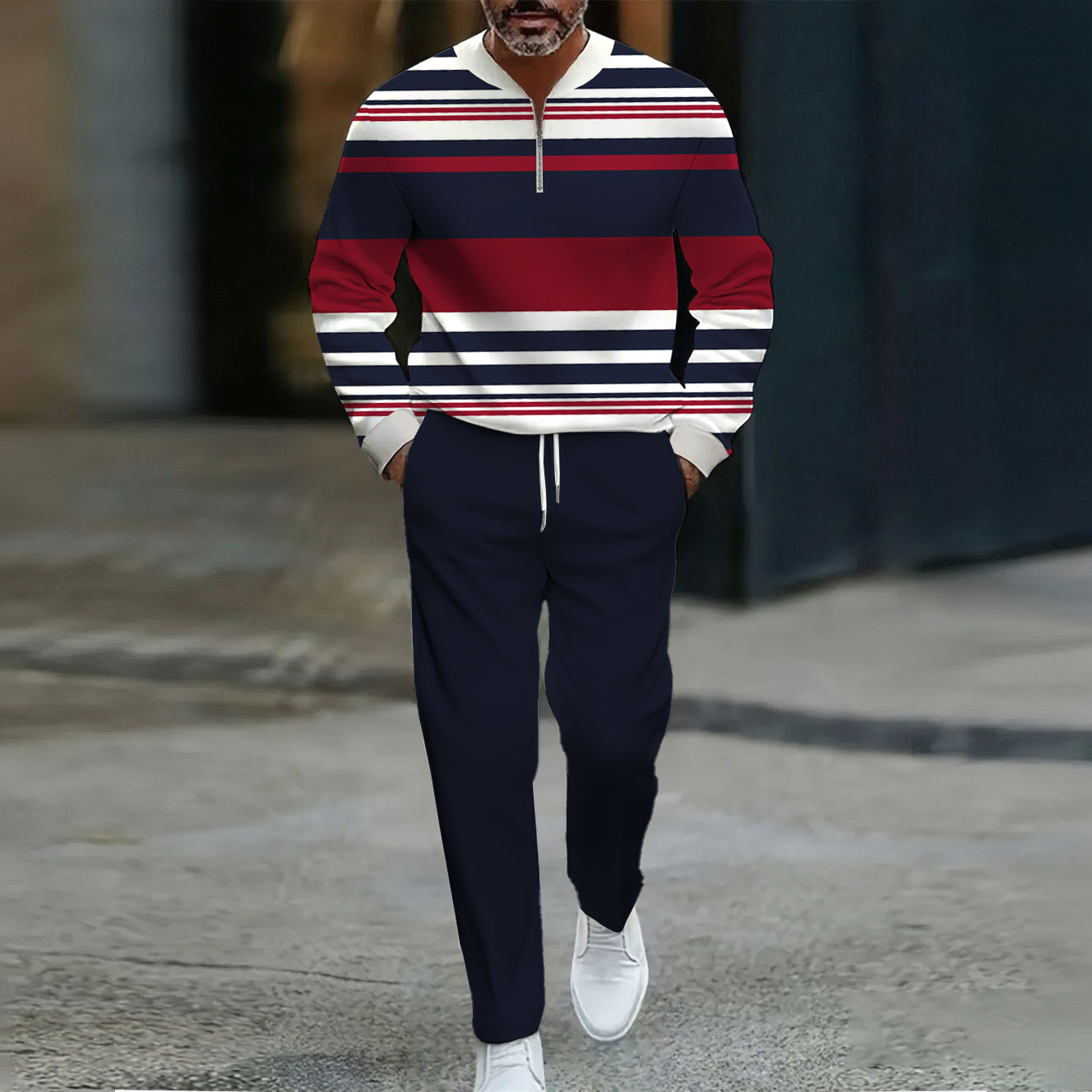 Conjunto de dos piezas casual Navy & Red a rayas estampado Round Neck Zipper de manga larga sudadera & pantalón para hombre
