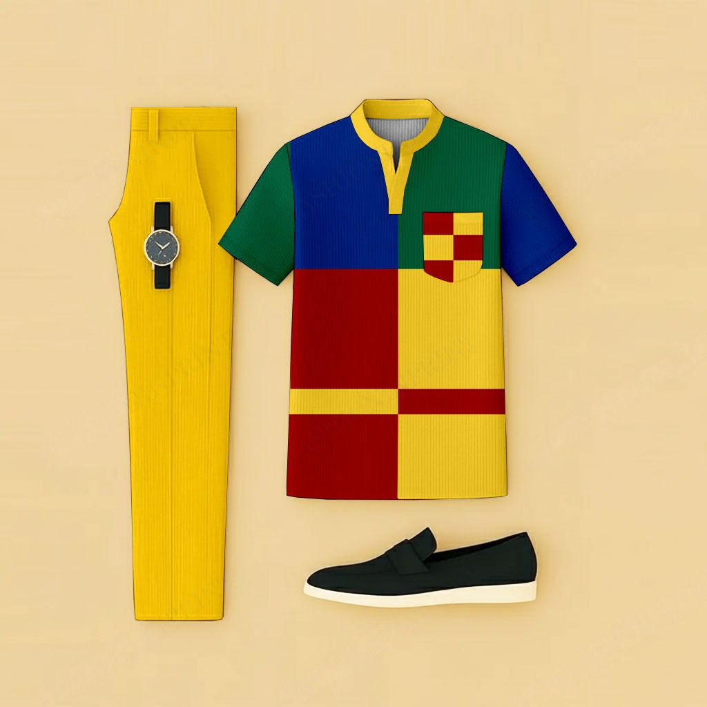 Conjunto de dos piezas casual Color-Blocked Geometric estampado de manga corta camiseta And pantalón para hombre