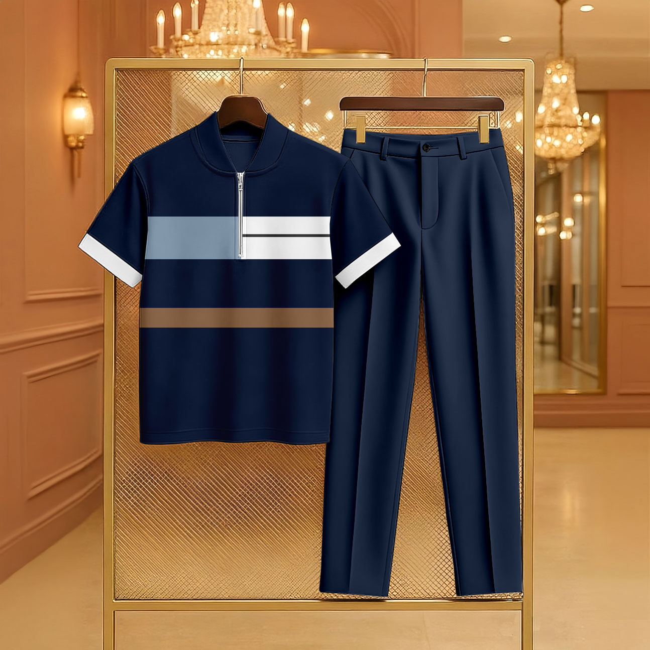 Conjunto de dos piezas casual Navy Blue Color Matching Geometric estampado Zipper de manga corta camisa polo & Trousers para hombre