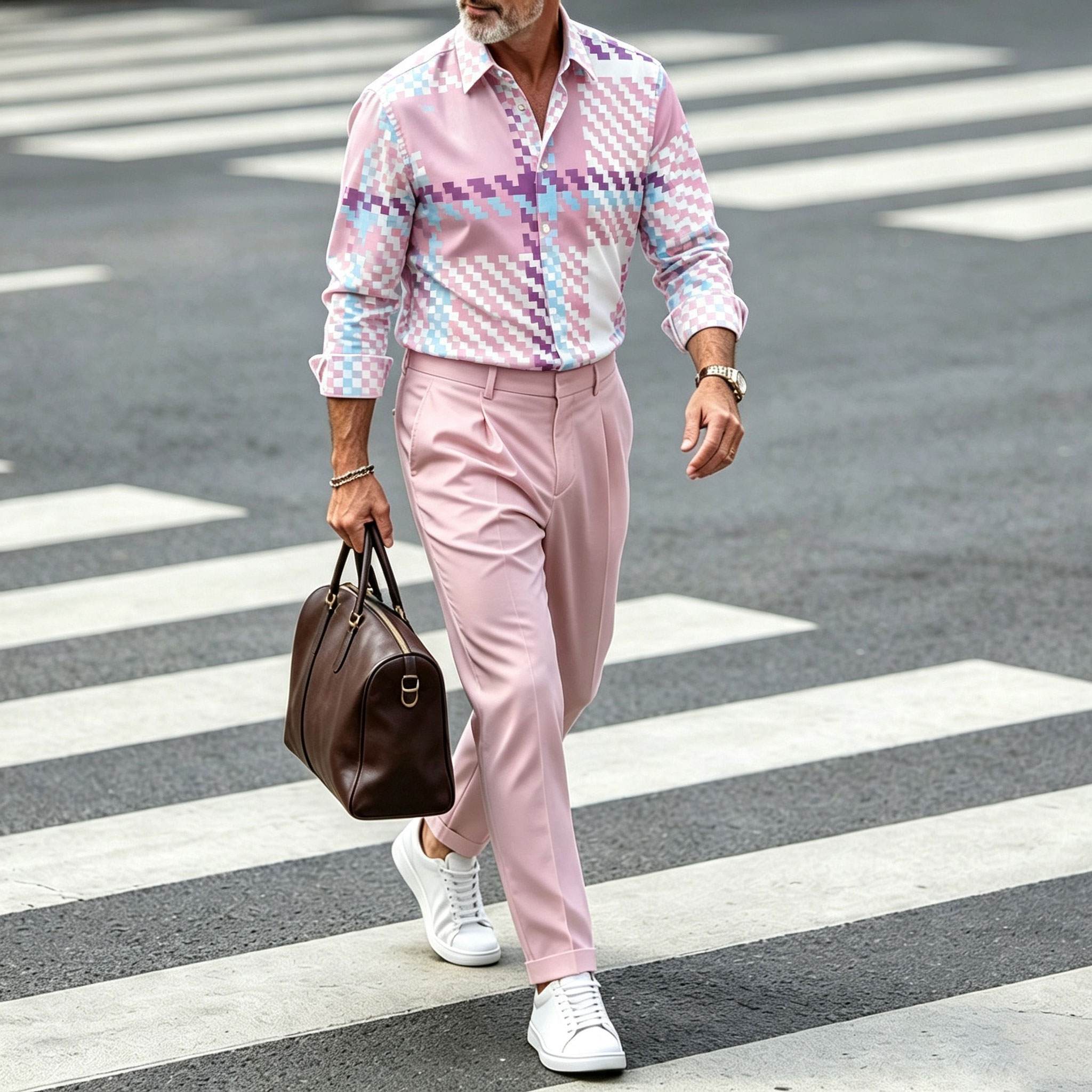 para hombre Color-Blocked Lapel de manga larga camisa and pantalón Set