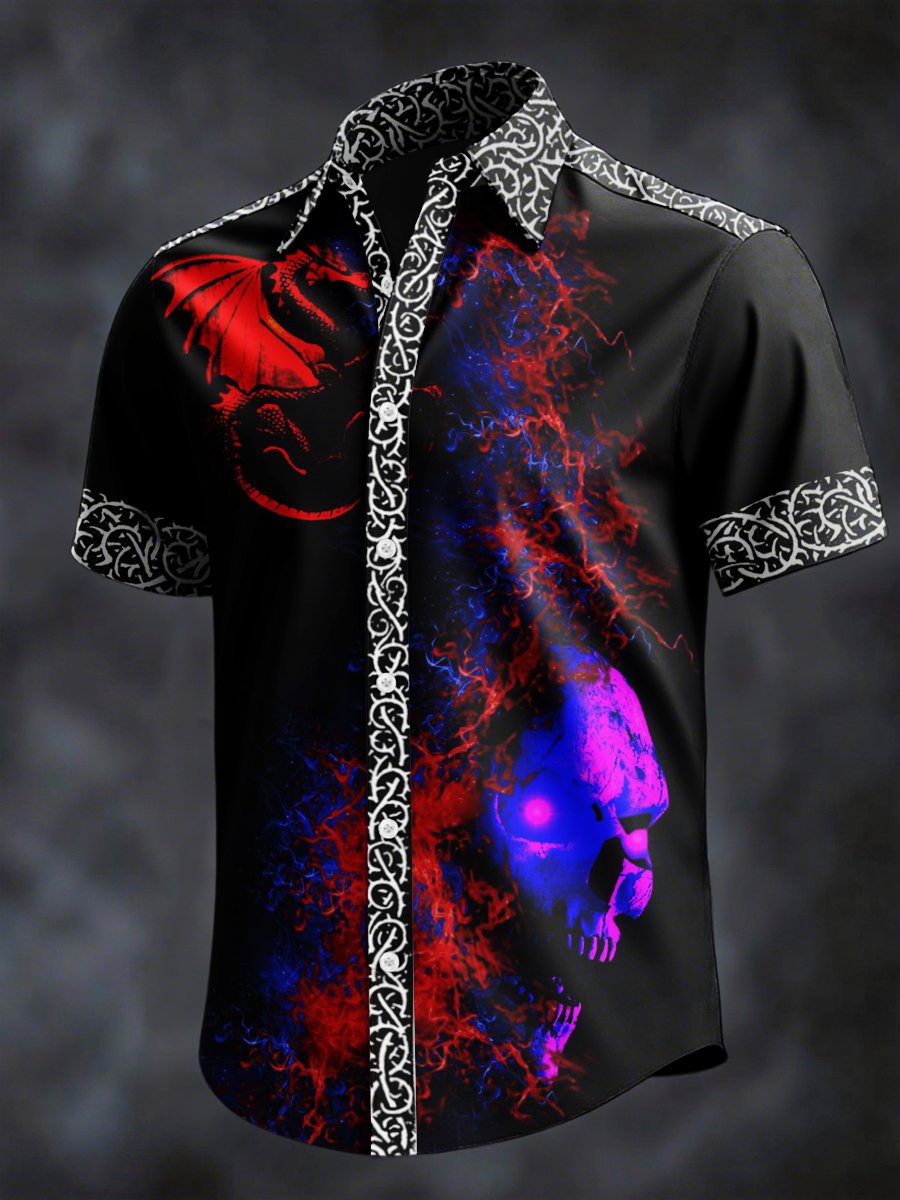 Camisa retro Horror Skull estampado solapa de manga corta para hombre