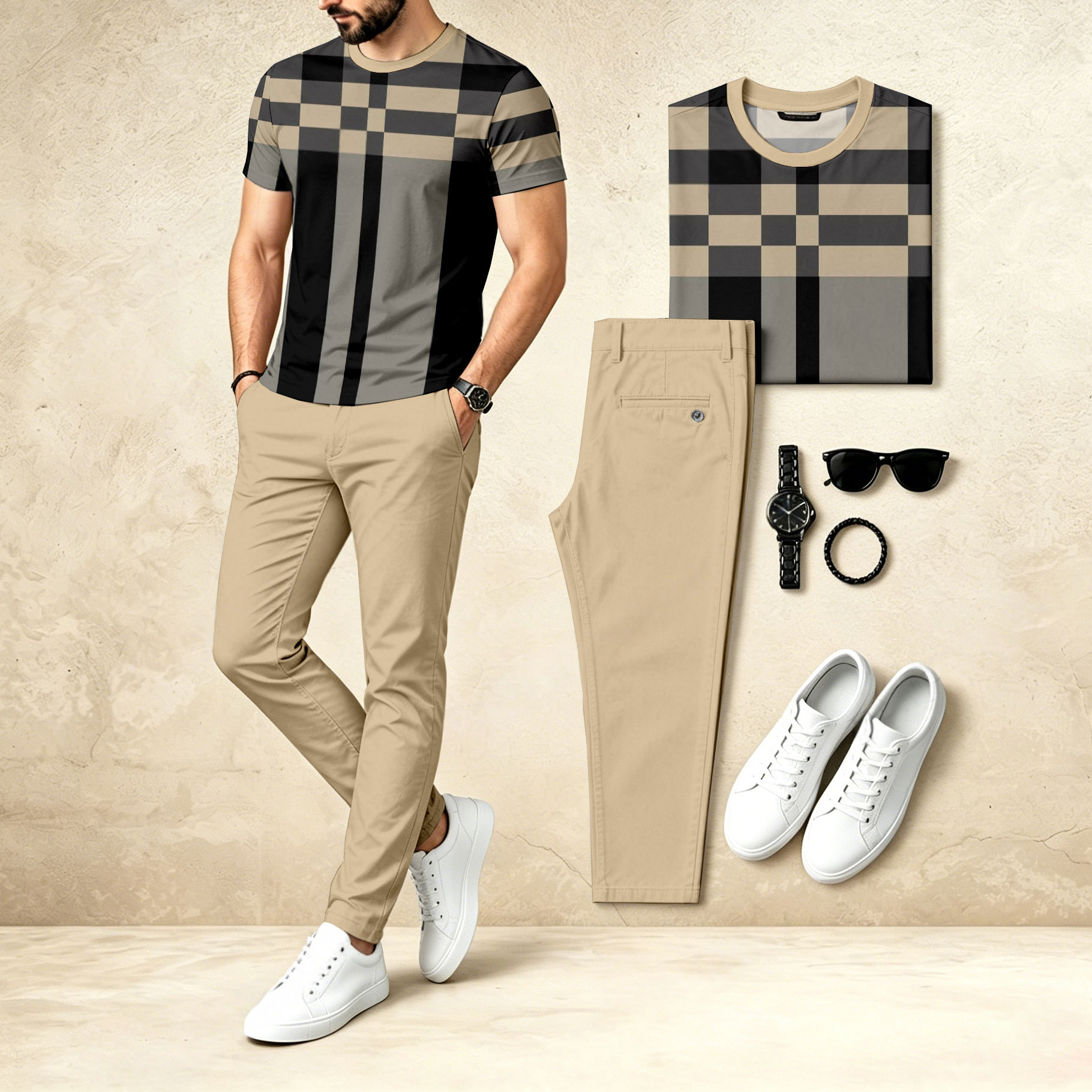 Conjunto de dos piezas casual : estampado Crew Neck de manga corta Top & Long pantalón para hombre