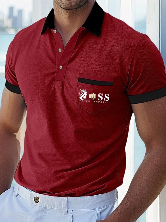 Camisa polo casual Comfortable transpirable retro Letter estampado with bolsillos para hombre