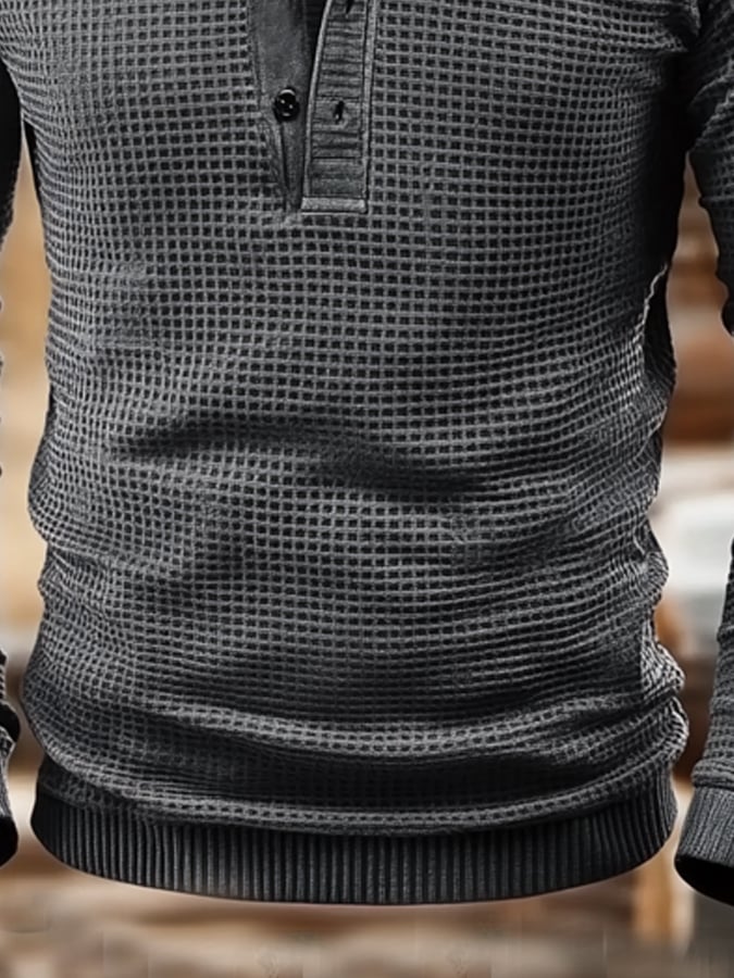 Camiseta vintage Waffle Color Patch Henley Neck para hombre