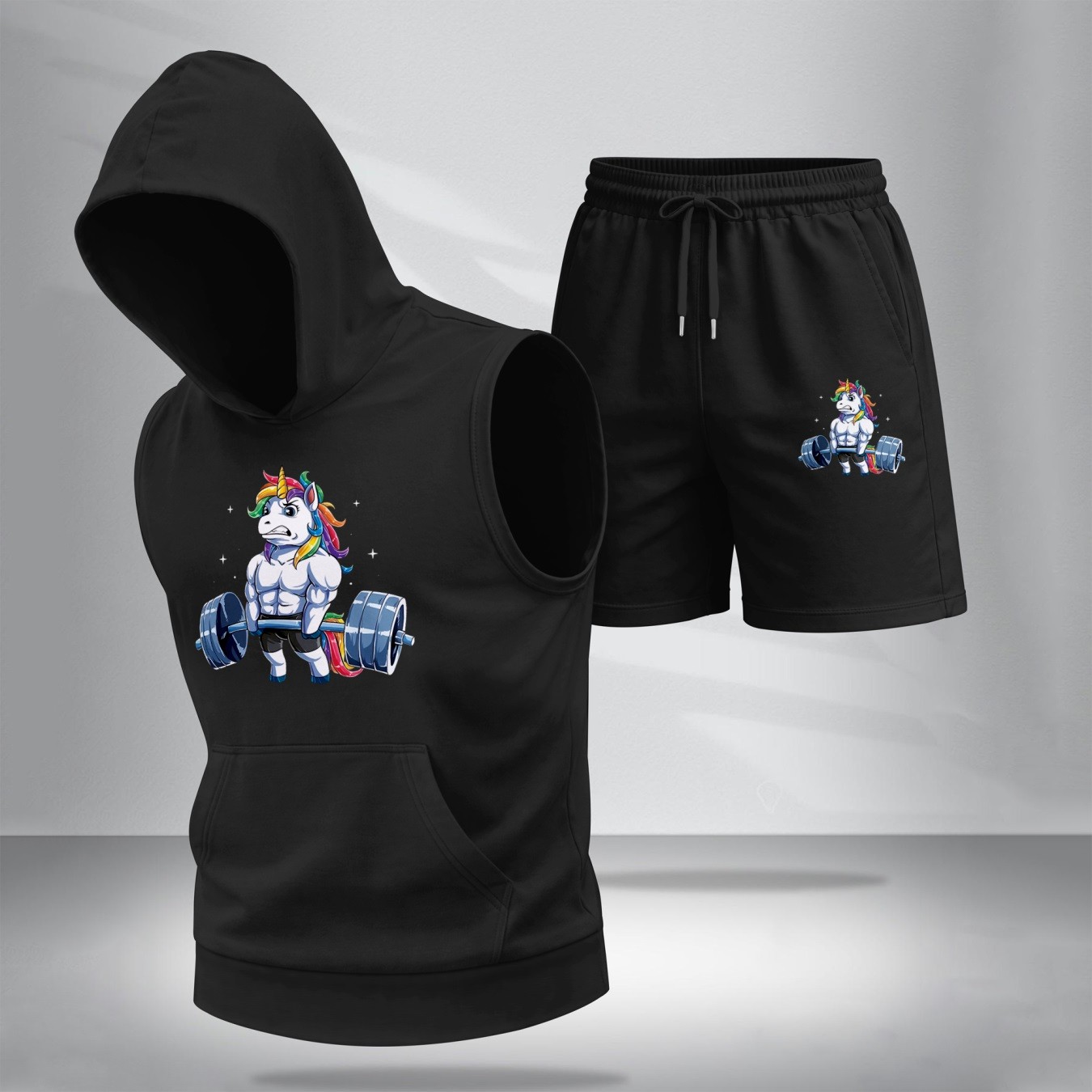 Sudadera con capucha Sleeveless & shorts Set – Muscle Unicorn estampado, casual Summer Two-Piece Outfit, Regular Fit Athletic Streetwear, TikTok Trending Gym de moda, Lightweight Summer Activewear para hombre