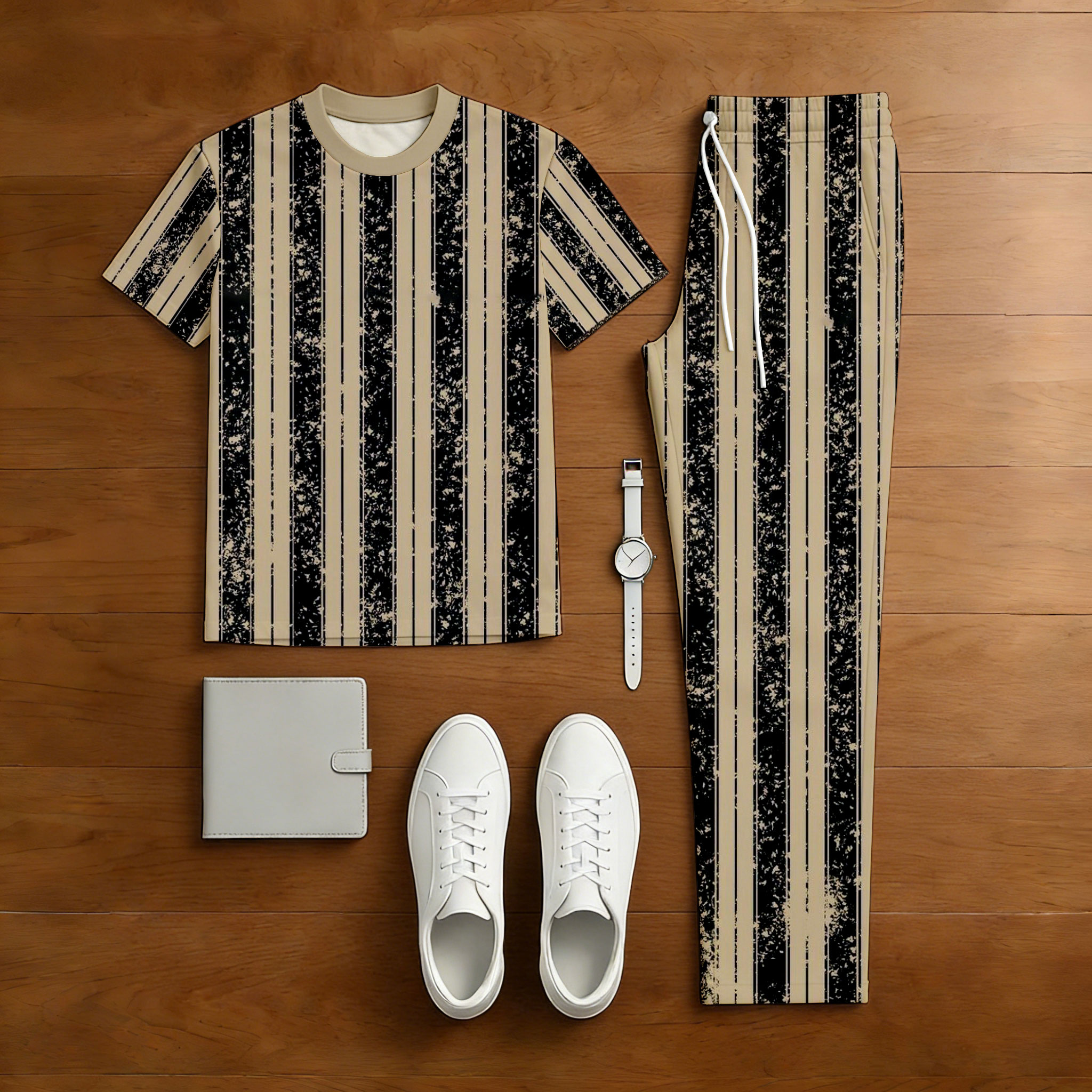 Conjunto de dos piezas casual Tan & Black Color Matching a rayas estampado de manga corta camiseta & Trousers para hombre