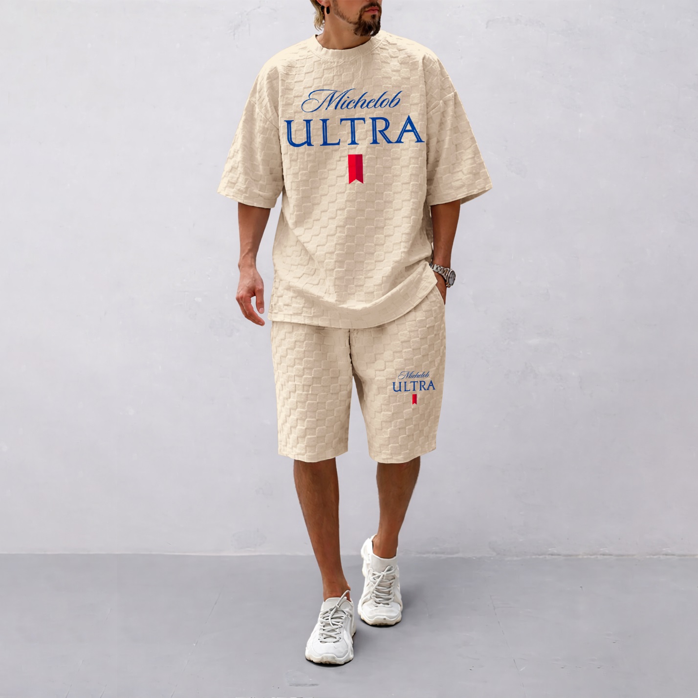 Camisa Spring/Summer Drawstring shorts Set featuring Beverage-estampado a cuadros Fabric—A casual summer ensemble comprising a de manga corta and shorts, ideal for both para uso diario wear and athletic activities para hombre