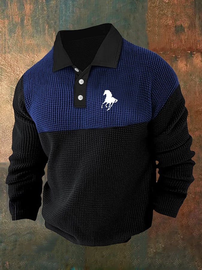 Camisa polo retro ejecutivo casual Waffle Fabric de manga larga para hombre