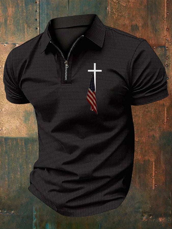 Camisa polo Flag Cross estampado Waffle casual para hombre