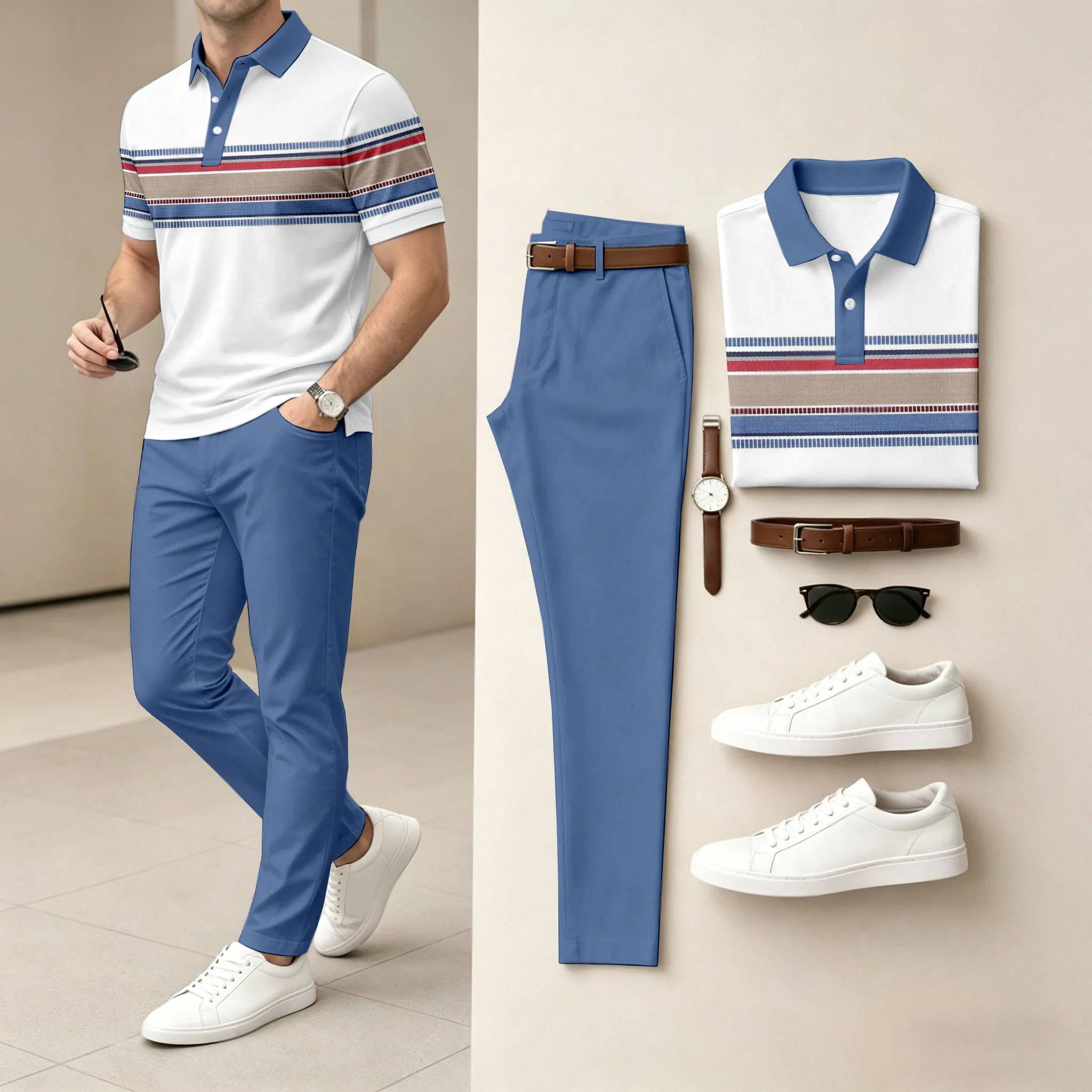 Conjunto de dos piezas casual White Geometry estampado camisa polo And pantalón para hombre