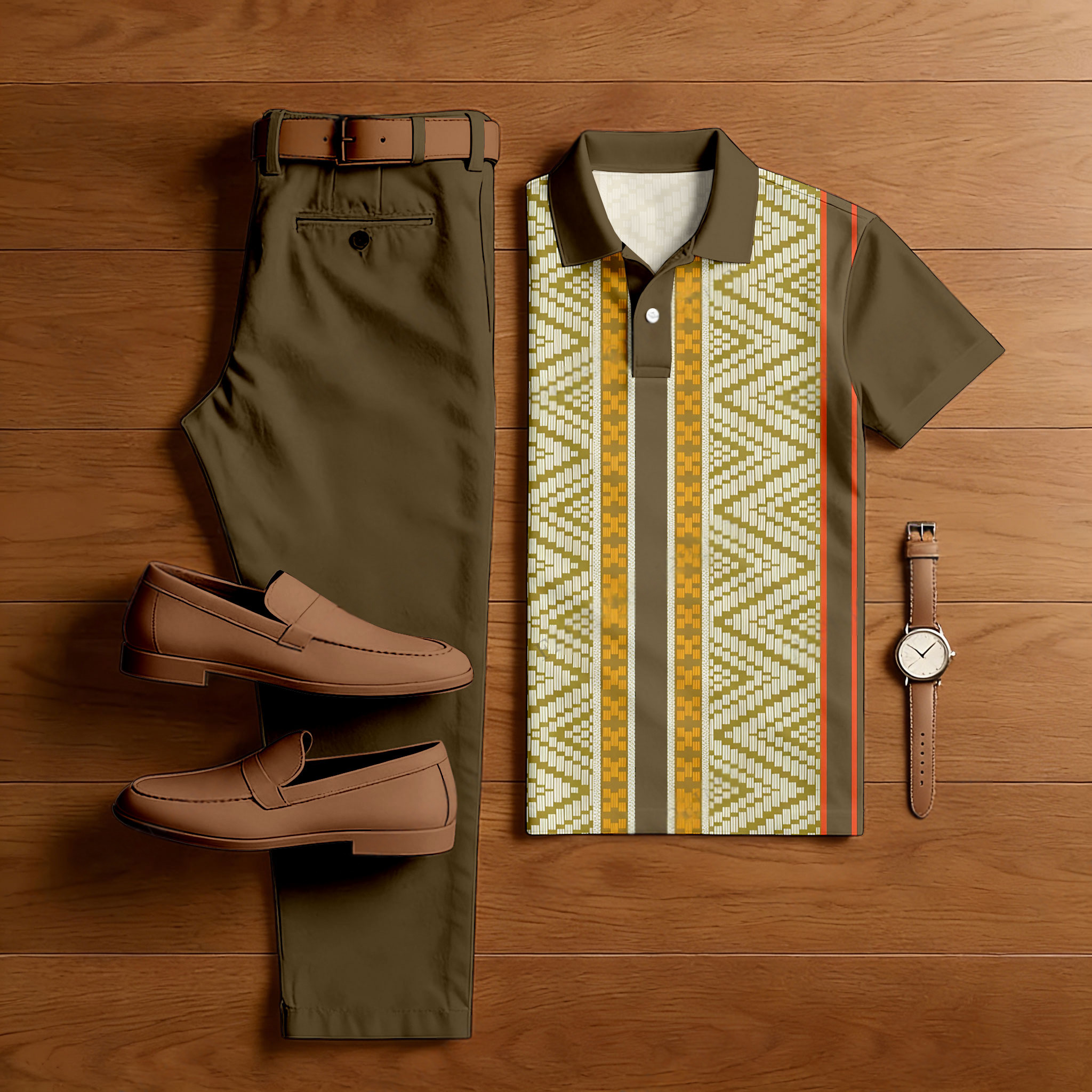 Conjunto de dos piezas casual Army Green & Beige Color Matching Ethnie Style estampado de manga corta camisa polo & Trousers para hombre