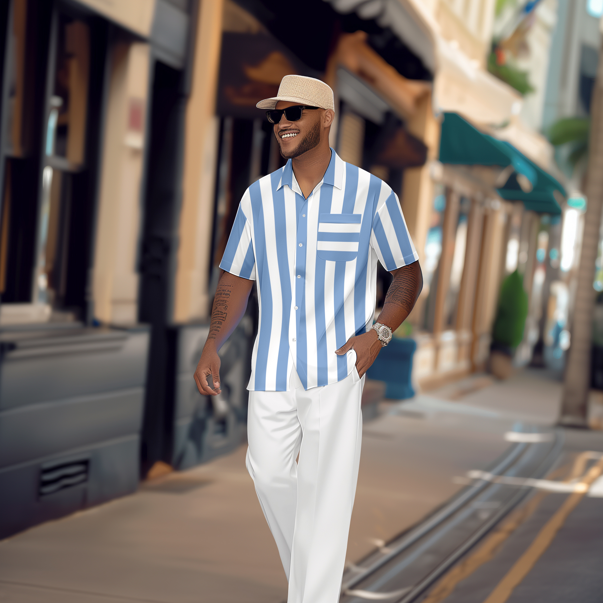 Camisa retro Colorblock de manga corta Walking Suit 1125 para hombre