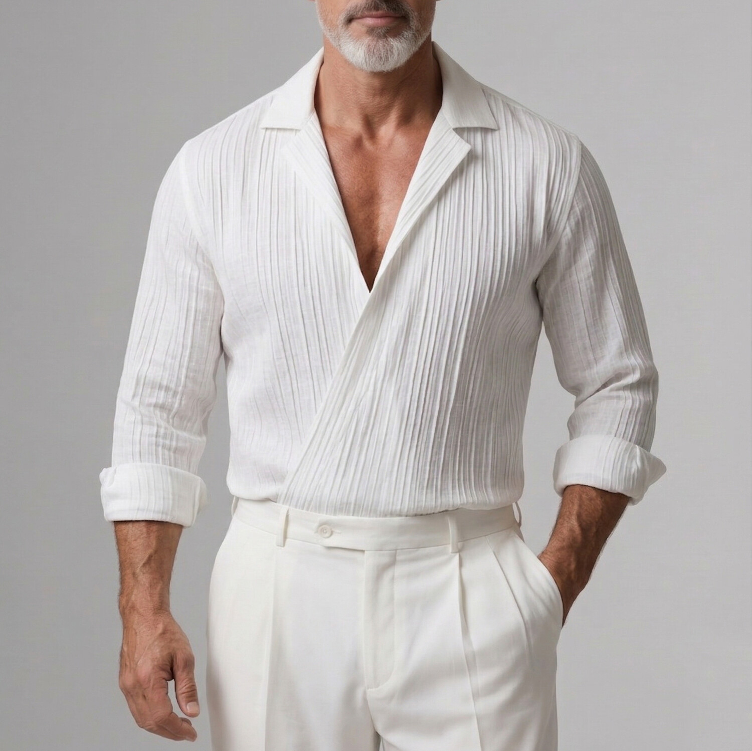 Camisa ejecutivo casual White Wrinkled Texture Lapel Collar Wrapped de manga larga para hombre