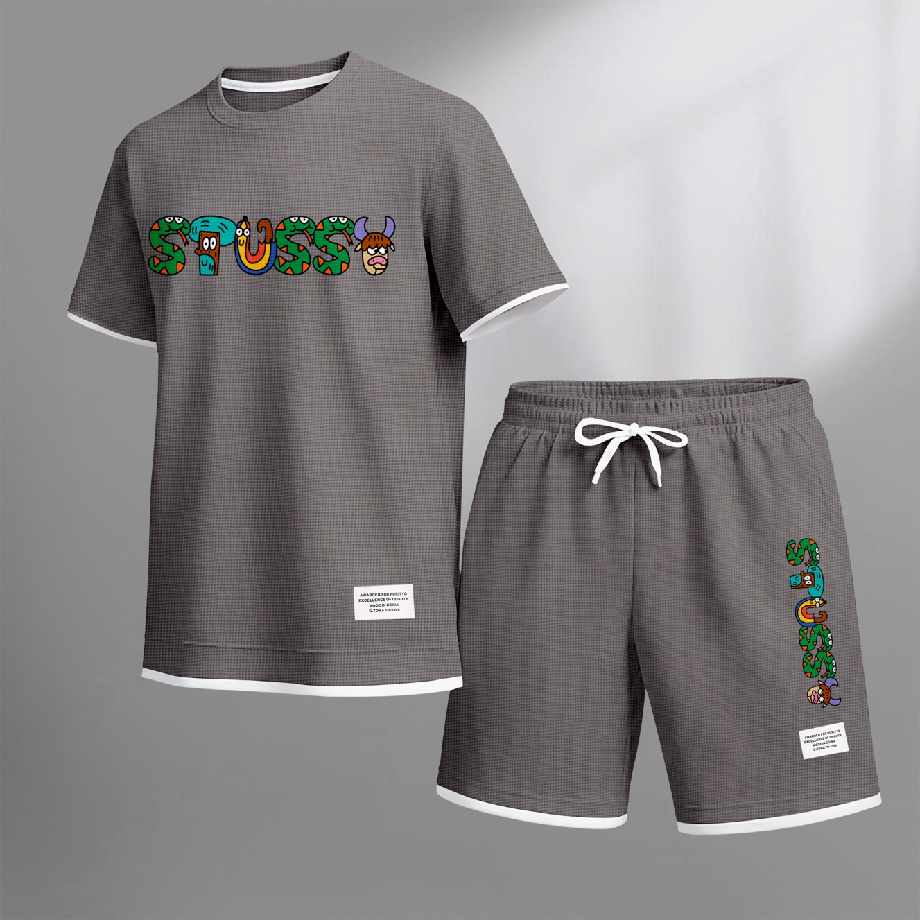 Camisa Y2K Cartoon estampado Waffle Fabric de manga corta And shorts Set para hombre