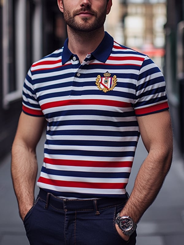Camisa polo ejecutivo rayas Logo con botones de manga corta para hombre