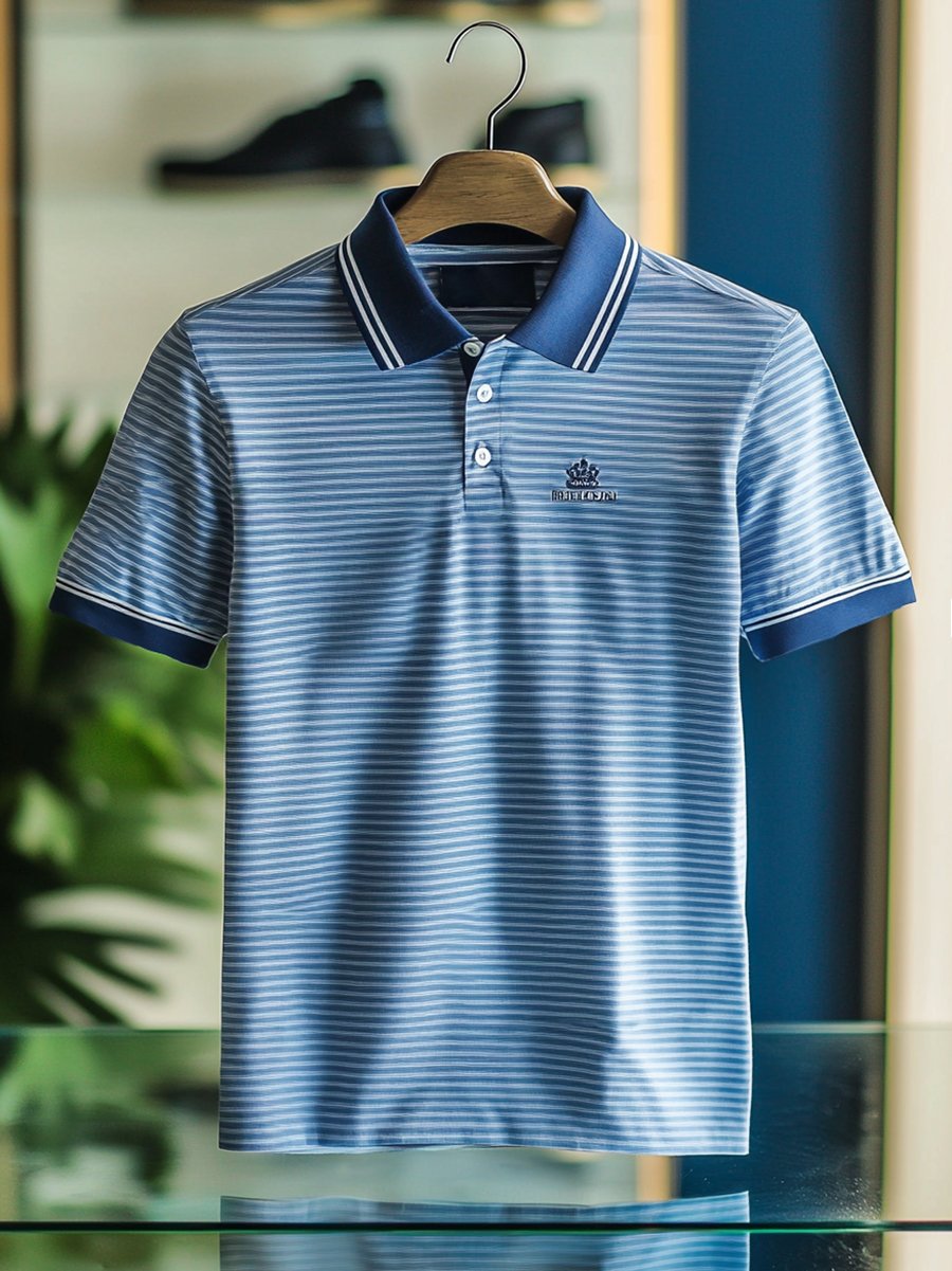 Camisa polo ejecutivo rayas Logo con botones de manga corta para hombre