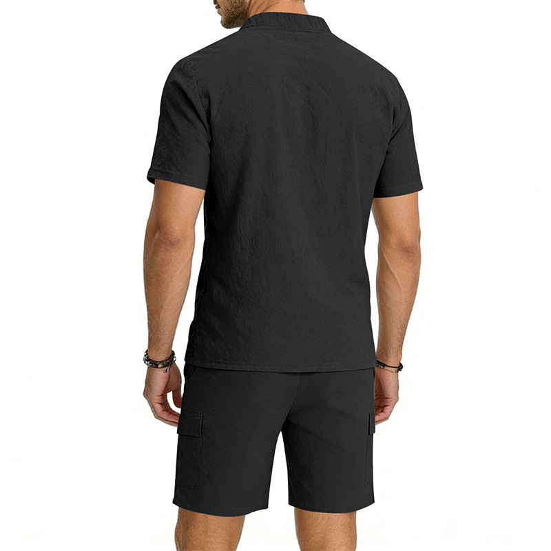 Conjunto de dos piezas European Style de lino casual Stand Collar de manga corta camisa and Cargo shorts Set, Lightweight transpirable Summer Outfit, holgado Fit Drawstring for Beach Vacation Travel Resort Streetwear Comfortable elegante Loungewear para hombre