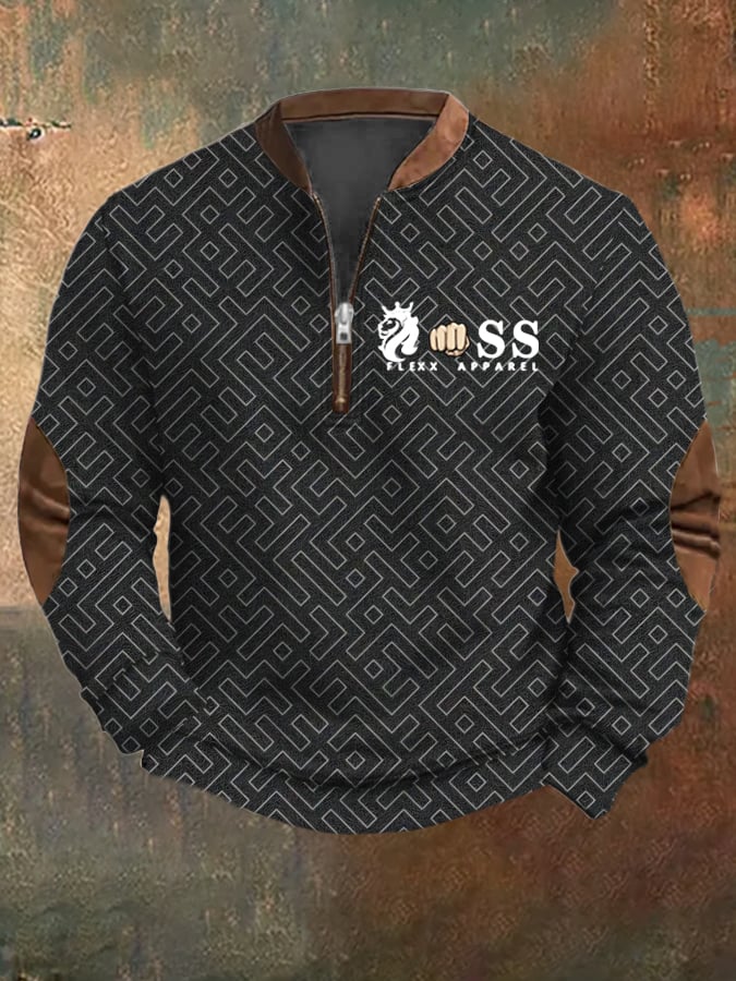 Sudadera retro Letter Design estampado casual cierre cuello de manga larga para hombre