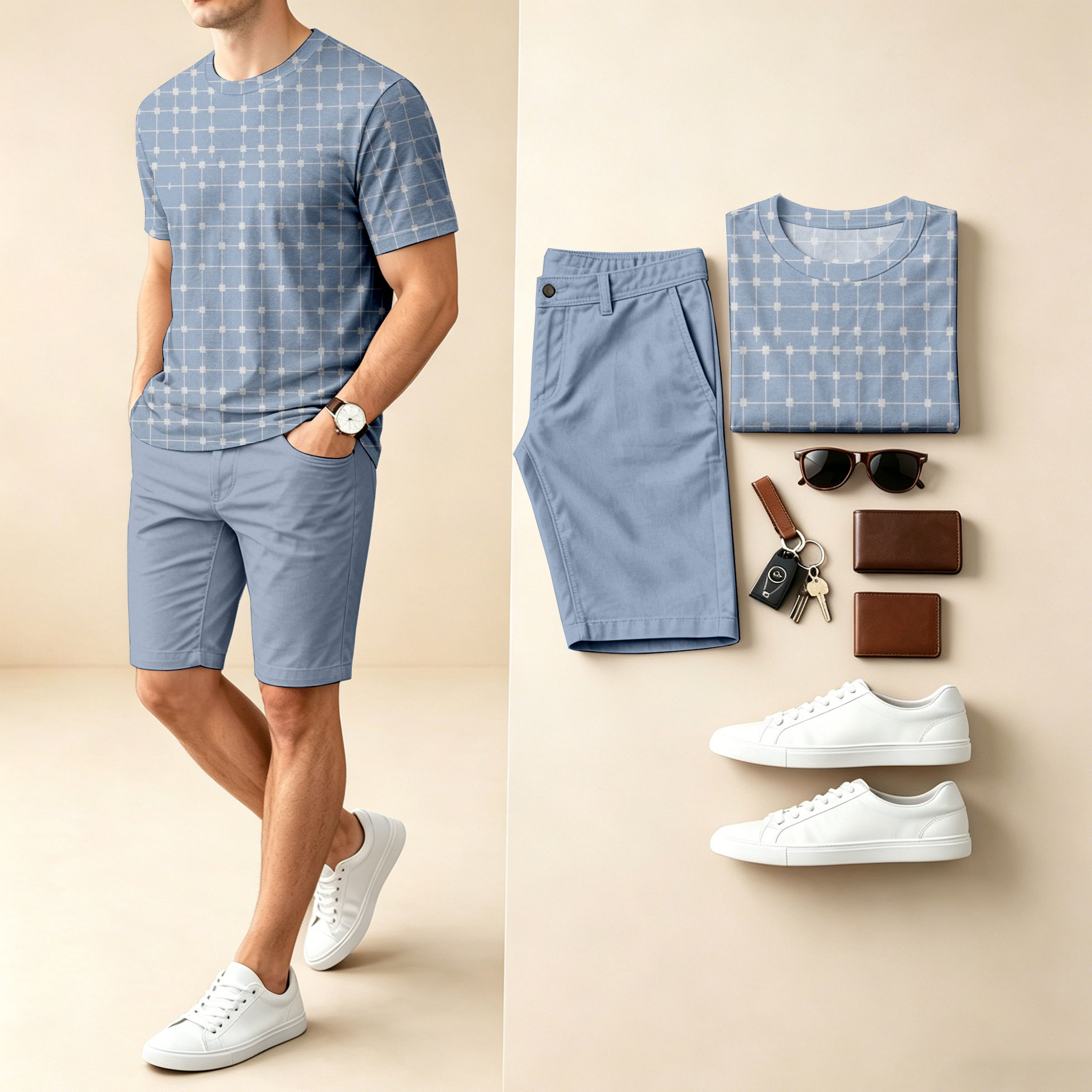 Conjunto de dos piezas casual a rayas, Color-Blocked estampado Round-Neck de manga corta camiseta And shorts para hombre